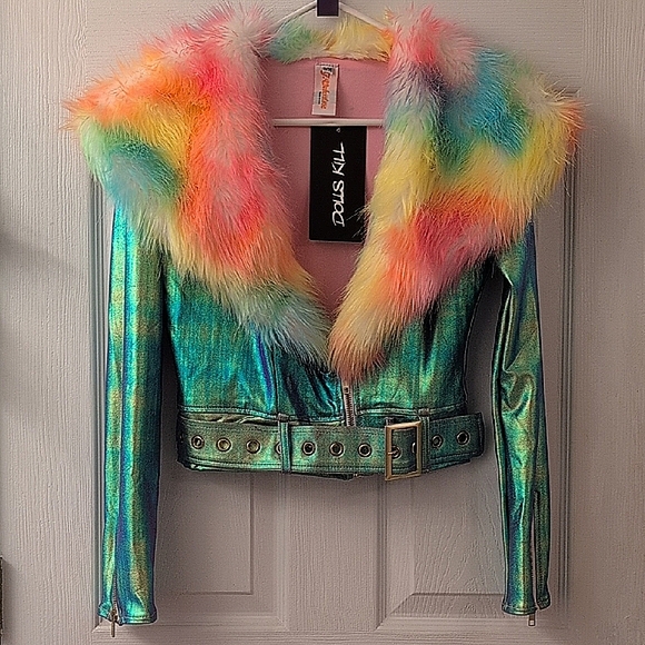 NWT.Holographic Moto Jacket With Rainbow Fur Trim